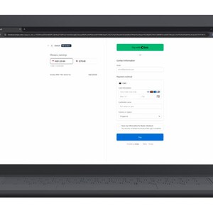 May include: A laptop screen displaying a digital checkout interface with a white background. The page includes fields for contact information, payment methods, card details, and a blue pay button. The layout features a summary of items.