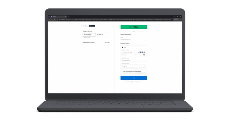 May include: A laptop screen displaying a digital checkout interface with a white background. The page includes fields for contact information, payment methods, card details, and a blue pay button. The layout features a summary of items.