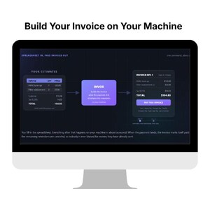 May include: A computer monitor displaying a dark-themed software interface titled Build Your Invoice on Your Machine. The screen shows a workflow diagram with a spreadsheet of estimates, an INVOX processing box, and a final invoice summary.