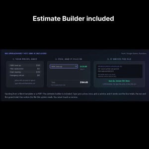 May include: A digital interface for an Estimate Builder featuring three steps: inputting prices, selecting services to auto-fill totals, and generating a CSV file. The dark-themed layout includes text instructions, pricing tables, and software compatibility labels.