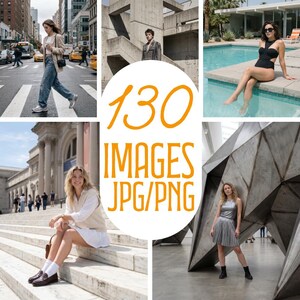 Könnte beinhalten: Eine Collage von Lifestyle-Bildern mit Menschen in verschiedenen Umgebungen. Die Bilder zeigen eine Person, die eine Straße überquert, eine Person auf Betontreppen, eine Person an einem Pool und eine Person in einem Museum. Der Text "130 IMAGES JPG/PNG" ist überlagert.