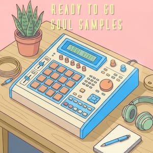 May include: Illustration of a music production setup with a beige and blue drum machine labeled "SOUL VIBES." The image includes a potted plant, headphones, and the text "READY TO GO SOUL SAMPLES."