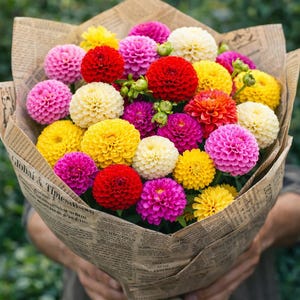 May include: A vibrant bouquet of dahlias in shades of red, pink, yellow, and white, wrapped in newspaper. The flowers are tightly clustered, creating a full and colorful arrangement. The bouquet is held by a person.