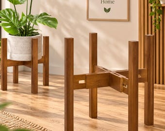 Indoor Plant Stand, Adjustable Bamboo Plant Holder, Walnut Mid Century Modern Riser for 8–12 Inch Pots