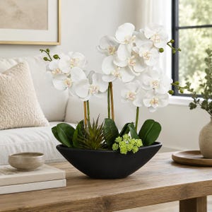 Artificial Orchid Arrangement, White Faux Orchid in Black Pot, Silk Flower Centerpiece for Home Office Bathroom Table Decor