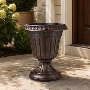 Classic Urn Planter, Brushed Copper Indoor Outdoor Flower Pot, 15 Inch Traditional Garden Planter for Porch, Patio & Entryway