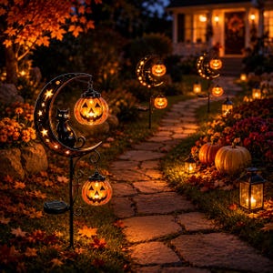 May include: A black metal garden stake featuring a crescent moon shape with star cutouts, a black cat silhouette, and two hanging orange jack-o'-lantern lights. The stake includes a small solar panel at the base for outdoor illumination.