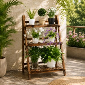 May include: A three-tiered wooden plant stand with a dark brown finish. The top shelf holds a green succulent in a white pot, a small topiary, and white flowers in a black pot. The middle shelf features white and purple flowers. The bottom shelf holds two green plants.