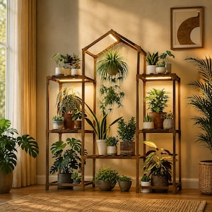 Plant Stand with Grow Lights, Indoor Wood Plant Shelf for Pots, Hanging Planter Display, Flower Stand for Living Room Garden Decor