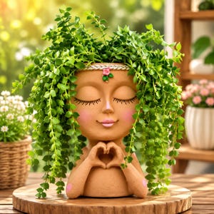 May include: A tan-colored head-shaped planter featuring a serene face with closed eyes, pink cheeks, and a small pink rose on a braided headband. The figure has hands positioned in a heart shape at the chest, overflowing with trailing green foliage.