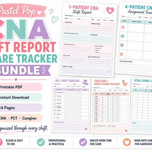 Könnte beinhalten: Ein Pastel Pop CNA Schichtbericht- und Pflege-Tracker-Paket mit 14 druckbaren PDF-Seiten. Die Dokumente umfassen einen Schichtbericht für einen Patienten, einen Zuweisungs-Tracker für vier Patienten, einen ADL-Pflege-Tracker und ein Vitalzeichen-Protokoll.
