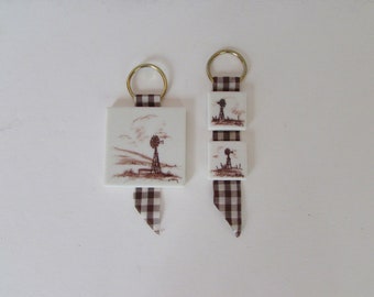 Vintage Windmill Tile Decor - Miniature Ceramic Tiles - Hand Painted Tile - Windmill Scene