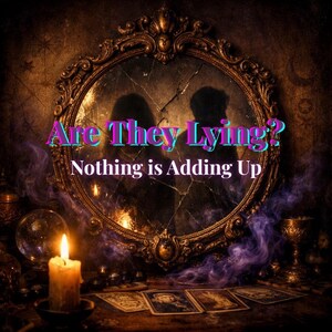 May include: An ornate, antique mirror with the text "Are They Lying?" and "Nothing is Adding Up" in a mystical setting. A lit candle, tarot cards, and a crystal ball are on a wooden table, with a shadowy figure reflected in the mirror.