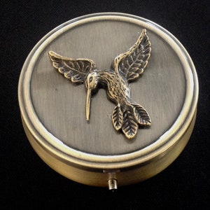 Pill Case, Large Bronze Hummingbird Pill Box, Pill Cases, Pill Holder, Pill Compartment, Pocket Pill Case, Purse Pill Box, Weekly pill case