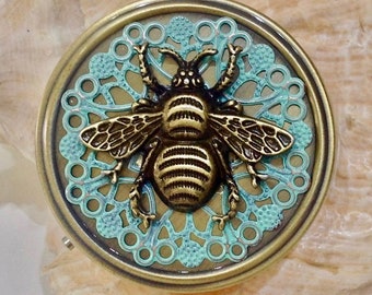 Large Honey Bee Pill Box, Antique Bronze, 3-Compartment