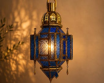 Handmade Blue Moroccan Stained Glass Pendant Light – Brass Lantern, Boho Decor