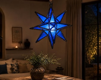 Handmade Blue Moroccan Star Lantern, Brass Frame Hanging Pendant Light