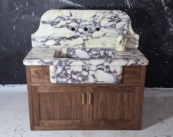 Wall Mounted Marble Sink Vanity with Wood Cabinet & Brass Console Legs, Luxury Calacatta Marble Bathroom Sink, with Backplate, Made to Order