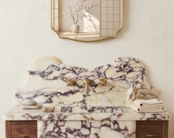 Wall Mounted Marble Sink Vanity with Wood Cabinet & Brass Console Legs, Luxury Calacatta Marble Bathroom Sink, with Backplate, Made to Order