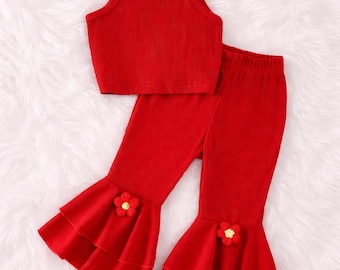 2-Piece Baby Girl Flower Detail Cami Top & Layered Ruffle Flare Pants Set, Summer Outfit