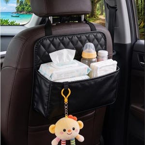Organizador de coche para bebé de piel de primera calidad, bolsa de almacenamiento multifuncional para el asiento trasero, elegante organizador colgante para cochecito.