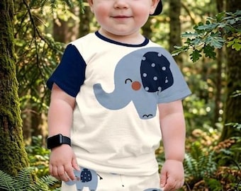 Baby Boy Elephant Summer Clothes Set, Cotton Crew Neck Short Sleeve Shirt and Shorts, Newborn Toddler Elephant Print 2-Piece Outfit