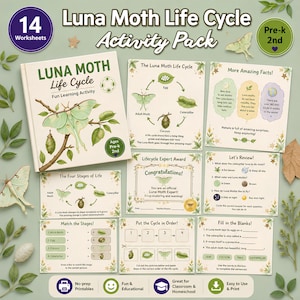 Peut inclure: Un pack d'activités sur le cycle de vie du papillon lune avec 14 fiches. Le pack comprend un livre et des cartes éducatives illustrant le cycle de vie du papillon, pour les enfants de la maternelle à la 2e année. Amusant et éducatif.