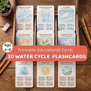 Op de afbeelding: Een set van 30 educatieve kaarten over de watercyclus, geschikt voor kinderen van 4-8 jaar. De kaarten, gepresenteerd in een houten kist, tonen illustraties en informatie over onderwerpen als verdamping en wolken.