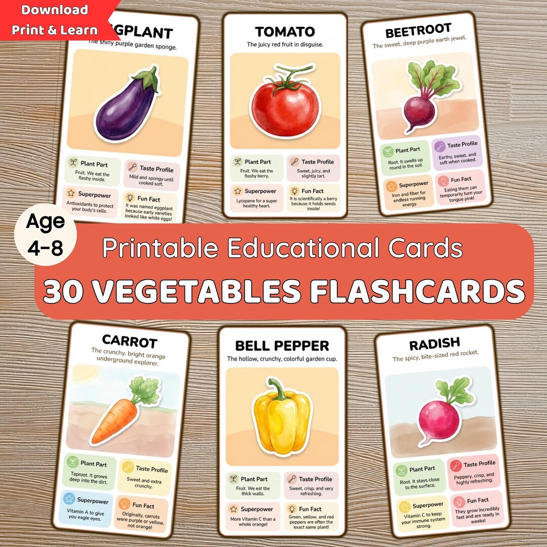 30 Vegetable Species Flashcards, Montessori Learning, Healthy Eating ...