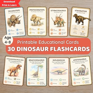 May include: A set of 30 dinosaur flashcards for ages 4-8. Each card features a different dinosaur illustration with facts. The cards include the Triceratops, Protoceratops, and Tyrannosaurus Rex. The cards are printable and educational.