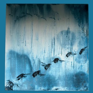 May include: A square canvas painting featuring a series of six black beetle silhouettes flying in an upward diagonal arc across a textured background of blended white and deep blue paint with vertical drips and splatters throughout the composition.