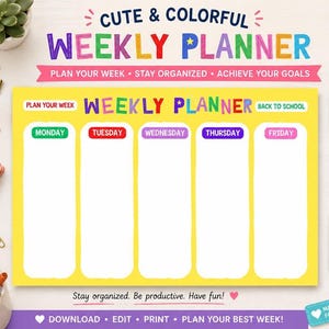 Peut inclure: Un modèle de planning hebdomadaire jaune avec cinq colonnes blanches marquées de lundi à vendredi. Le design présente du texte coloré incluant "CUTE & COLORFUL WEEKLY PLANNER" et "PLAN YOUR WEEK". Inclut des instructions pour modifier sur Canva.