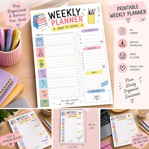 Peut inclure: Une feuille de planning hebdomadaire imprimable sur le thème de la rentrée scolaire, avec des sections pour les jours, les priorités, une liste de tâches et des notes. Le design inclut des icônes colorées, du texte et un format A4 de 21 cm sur 29,7 cm.