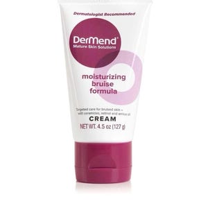 May include: A white tube of DerMend moisturizing bruise formula cream. The tube has a purple cap and a purple and white label with the text "Dermatologist Recommended" and "NET WT. 4.5 oz (127 g)".
