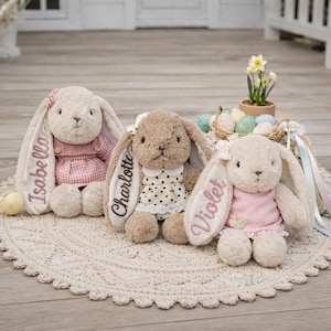 Op de afbeelding: Drie pluche konijnen met lange oren, elk met een andere outfit en geborduurde namen. Het linker konijn heet Isabella in een roze gingham jurk, het middelste konijn is Charlotte in een jurk met stippen en het rechter konijn is Violet in een roze top.