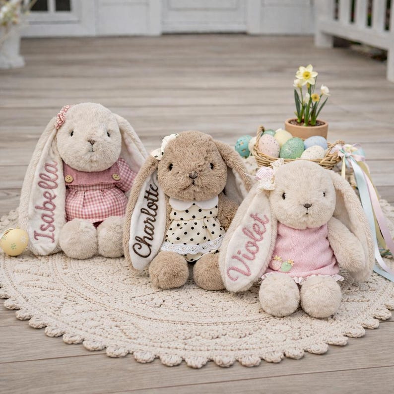 Op de afbeelding: Drie pluche konijnen met lange oren, elk met een andere outfit en geborduurde namen. Het linker konijn heet Isabella in een roze gingham jurk, het middelste konijn is Charlotte in een jurk met stippen en het rechter konijn is Violet in een roze top.