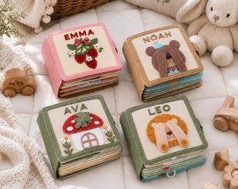 Libro de actividades de fieltro personalizado hecho a mano, regalo de Navidad para bebé, juguete suave personalizado inspirado en Montessori, regalo de primer cumpleaños, libro entretenido