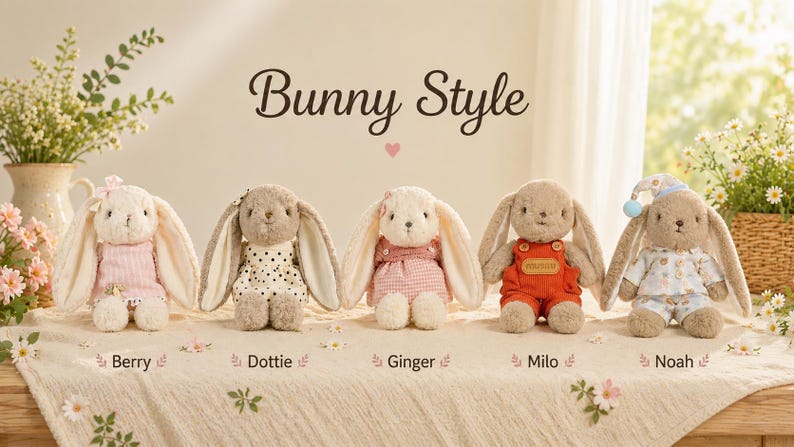 Op de afbeelding: Vijf pluche konijnenpoppen met de tekst Bunny Style. Van links naar rechts: Berry in een roze jurk, Dottie in een jurk met stippen, Ginger in een roze ruitjesjurk, Milo in een oranje tuinbroek en Noah in een blauwe pyjama met bijpassende muts.