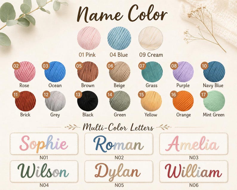 Op de afbeelding: Een kleurenkaart met zeventien genummerde garenkleuren, waaronder roze, blauw, cr&egrave;me, rose, oceaan, bruin, beige, gras, paars, marineblauw, baksteen, grijs, zwart, groen, geel, oranje en mintgroen, plus zes voorbeelden van meerkleurige namen.