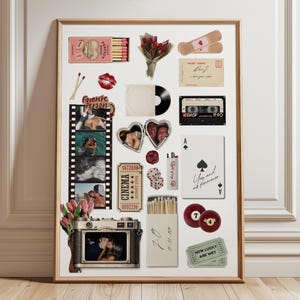 Pode incluir: Uma colagem emoldurada com elementos vintage: uma tira de filme, uma cassete, um disco de vinil, cartas de baralho, uma caixa de fósforos, uma câmera e rosas vermelhas. O texto "Favorite Person" é visível. Tema romântico.