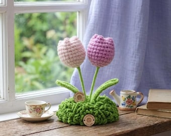 Crocheted Tulip Flower Pot Decor, Handmade Amigurumi Plant, Pink White Tulips
