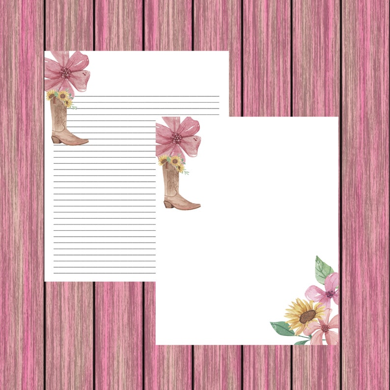 Jpg Digital Instant Downloads Boot and Flowers Watercolor 8.5 x 11 Printable Writing Papers Stationery Papers