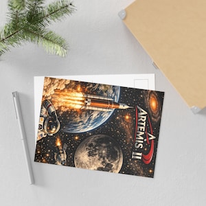 Artemis II Weltraumrakete Postkarte | Mond Erde Astronaut Kunstpostkarte