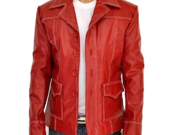 Herren Brad Pitt Fight Club Tyler Durden Rote Lederjacke | Weiß Stitch 90er Jahre Film Replika Mantel | Promi Cosplay Geschenk für Ihn