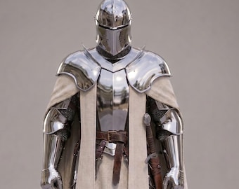 Medeltida riddare rustning vit tempelriddare mantel helkroppsrustning korsriddarkostym gotisk fantasi krigare outfit cosplay rustning