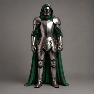 Medeltida rustning i Mandaloriansk stil med grön kappa, fantasy riddare cosplay lajvkostym bild 1