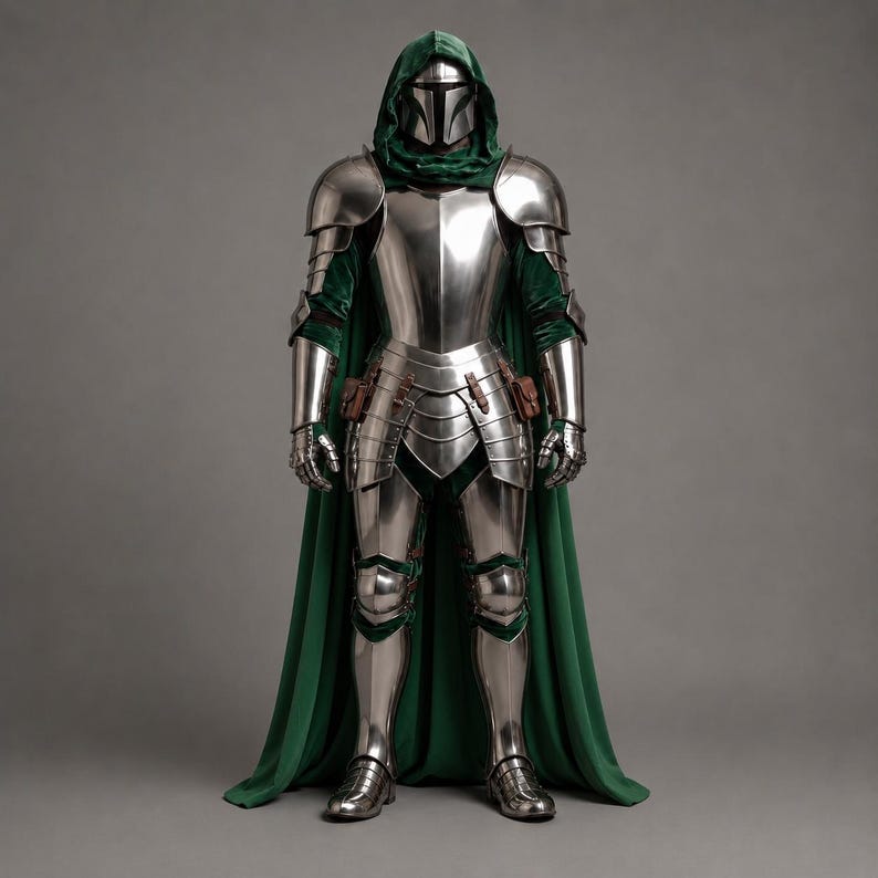 Medeltida rustning i Mandaloriansk stil med grön kappa, fantasy riddare cosplay lajvkostym bild 1