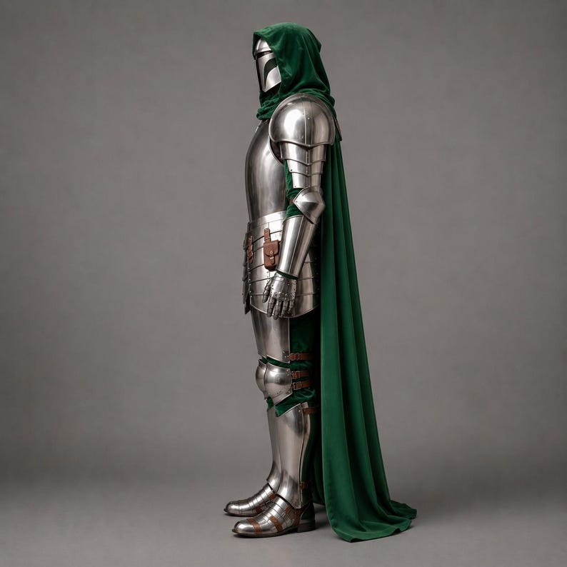 Medeltida rustning i Mandaloriansk stil med grön kappa, fantasy riddare cosplay lajvkostym bild 4
