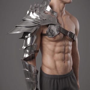 Silver Barbute Arm Armor Shiny Steel Pauldron and Arm Guard set. Perfect for LARP, Knight Cosplay & Reenactments. Elite Medieval Plate Gear.