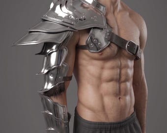Silver Barbute Arm Armor Shiny Steel Pauldron and Arm Guard set. Perfect for LARP, Knight Cosplay & Reenactments. Elite Medieval Plate Gear.